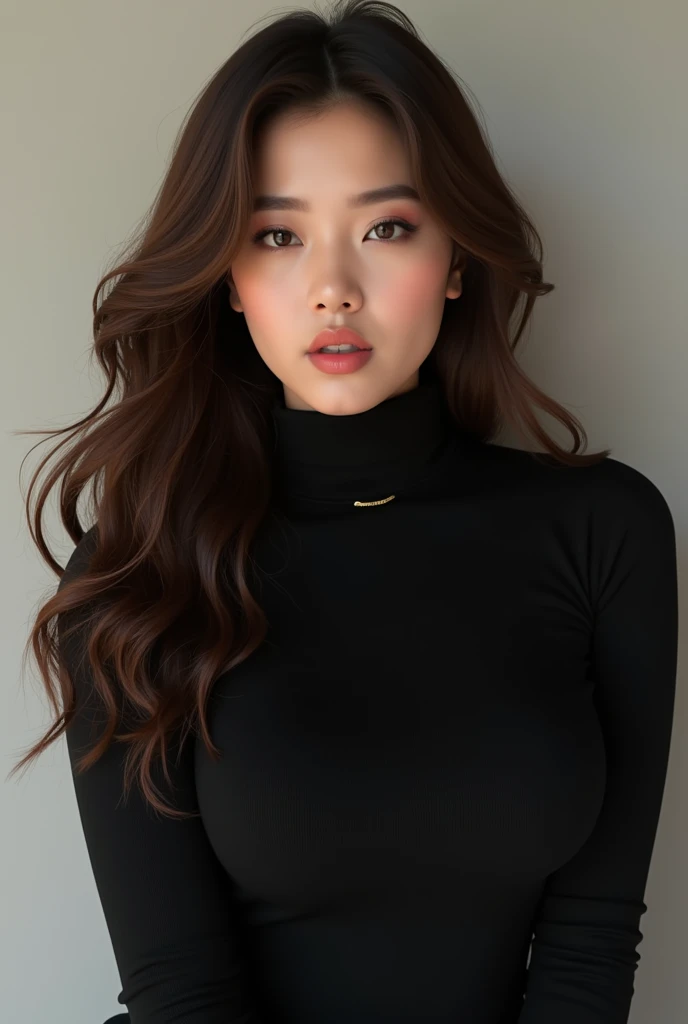 beautifull woman with black tshirt turtle neck, wavy long hair , brown hair , korean look , 3o years old , cubby , sexy