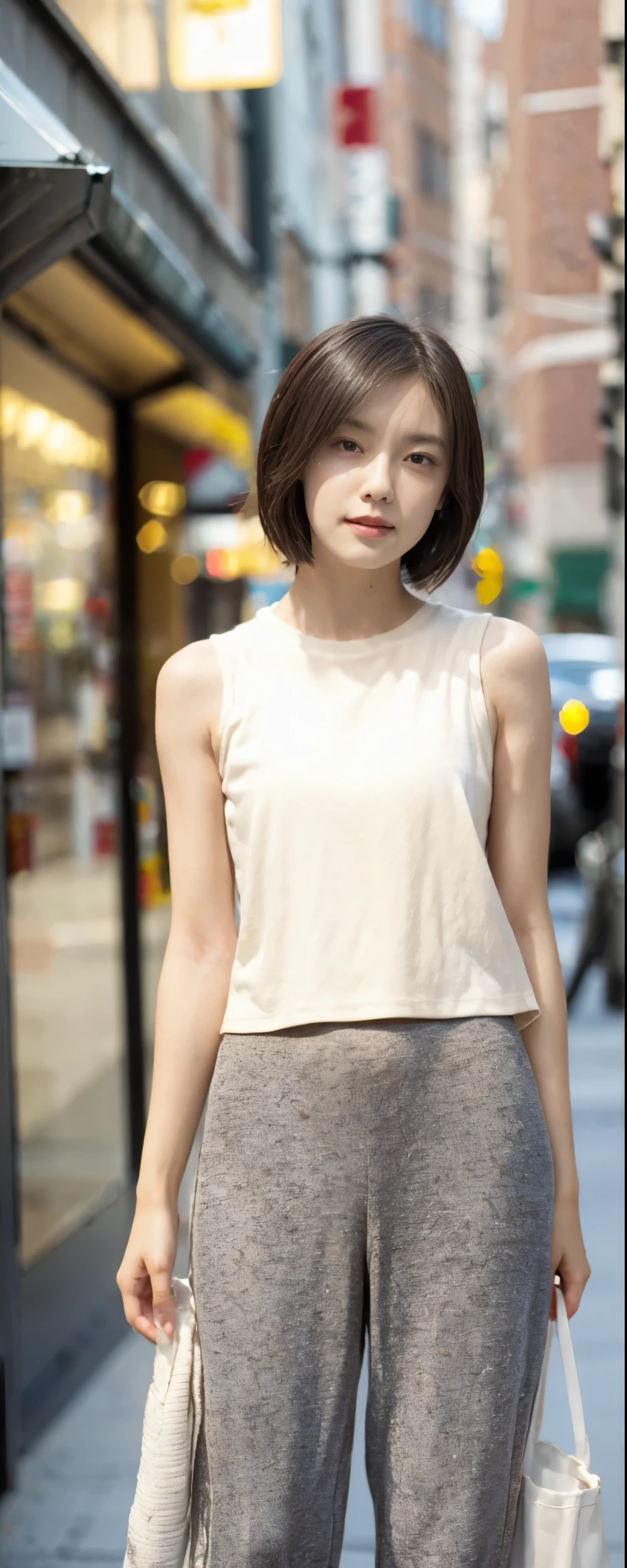 ((top-quality, 8K, masterpiece:1.3)), sharp focus:1.2, Beautiful Women in Perfect Style:1.4, Slender Abs:1.2, full body, wearing sleeveless shirts wide pants, ((weavy dark brown short hair:1.2)), (natural soft light, City Street:1.1), Highly detailed facial and skin texture, A detailed eye, double eyelid, uniform, Female, 24 years old