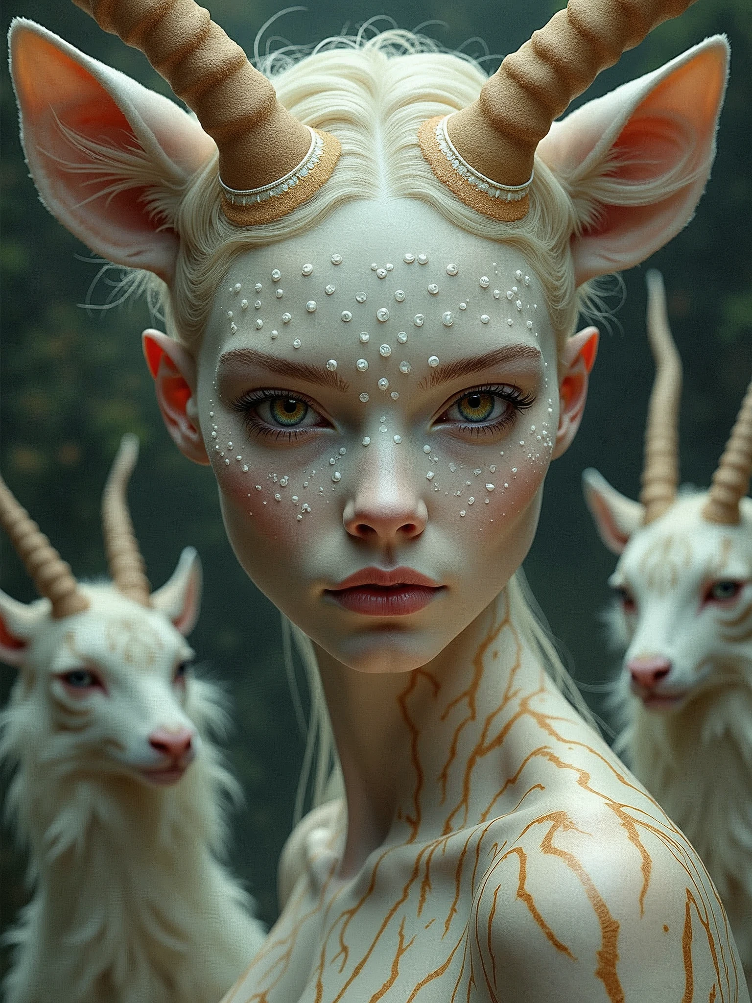 a woman with white polka dots on her face, 5 0 0 px models, anthropomorphic female deer, bastet, wild angle lens, air brush, fur, mixed techniques, featured on artscape, artgram, main character, tiger pelt, satyr, subtractive lighting, reduce character duplication, golden-ratio, contour