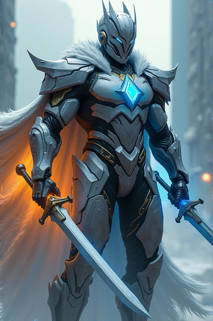 A superhero with an armour suit and a superhero helmet with winter and summer stone on his chest and tow sword in his hand winter and and in another summer sword