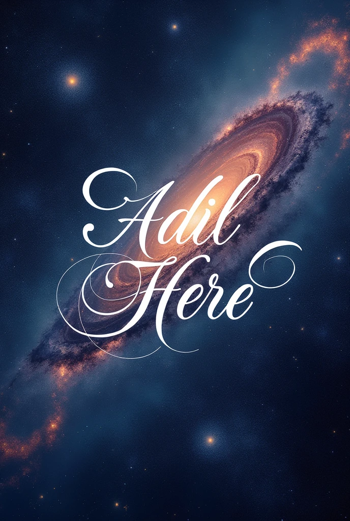 A HD quality Photo in which "Adil Here" is written calligraphy and has galaxy view