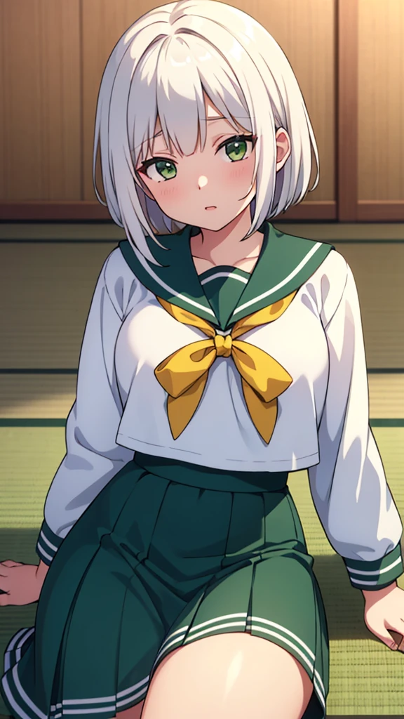 ((masterpiece, Highest quality, Very detailed, Very nice 8K CG wallpaper)), , A little thick, Medium Hair, White Hair, short hair, Yellow-green eyes,judo player、Sailor style uniforms、Large bust、Sailor suit、mini skirt、judo、Cute expression、InSide the judo GymnaSium、、On the tatami、discovery、One person&#39;S、whole body、rest、Hinomori Shiho、Bust size: B cup、幼い頃judo家に育てられた、The strongest woman to win a tournament、Ninth Dan、The strongest woman who defeated the bully、Sweating