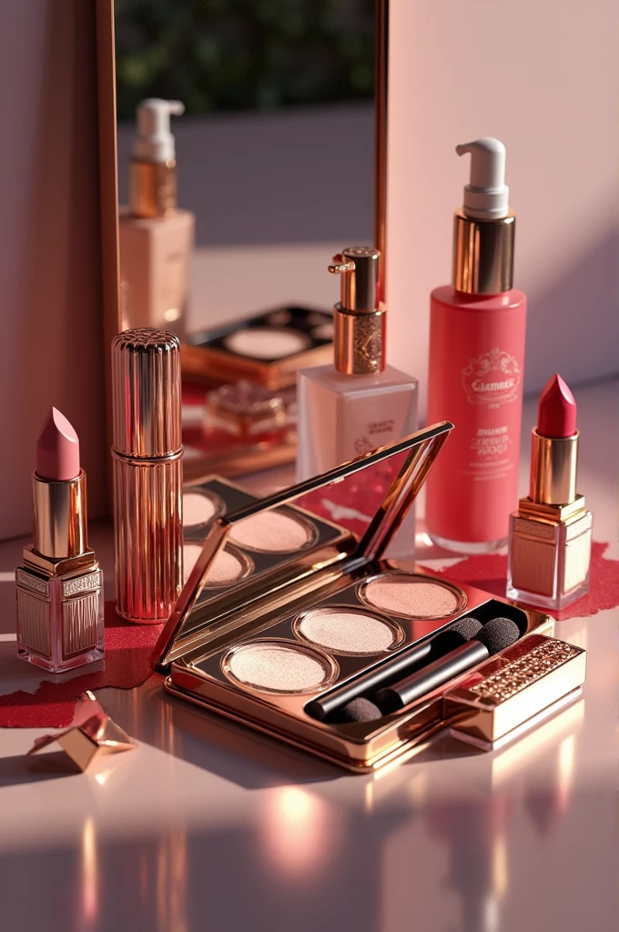 Create a picture of cosmetic products and there should be text "Glamour cosmetic"
