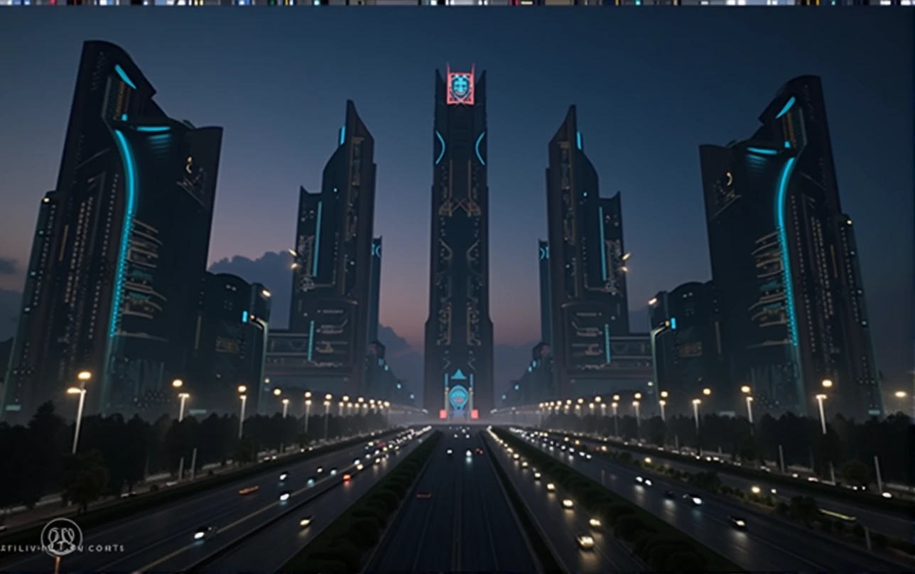 Unbelievably tall, ultra tall, multiple buildings, neon logo, neon lights, birdseye view ,art deco design,streamline moderne,futuristic architecture, Abstraction,modern style,Luxury and Luxury,dark night view,dark moody atmosphere, night, Futuristic decorative elements,Metallic,number line,sci-fi lamp,Virtual Engine,Unreal rendering, greenery, highways, cars,