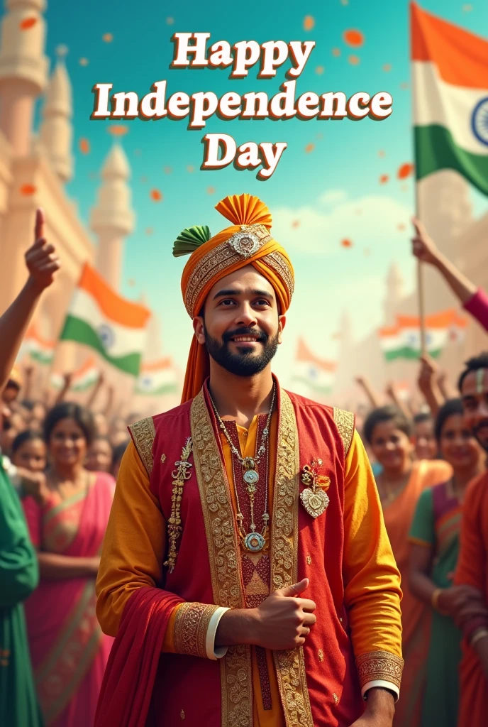He is wearing traditional Indian outfits with the name "Aqib khan" written on his attire. Above him, in the sky, the words "Happy Independence Day" (Make sure the spellings are correct) are displayed in a bold font. The backdrop is filled with people celebrating, enhancing the festive and patriotic spirit of the day.