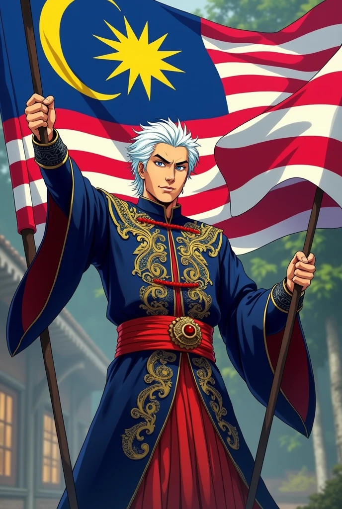 gojo satoru with baju melayu while holding Malaysia flag and full body like jujutsu kaisen art style