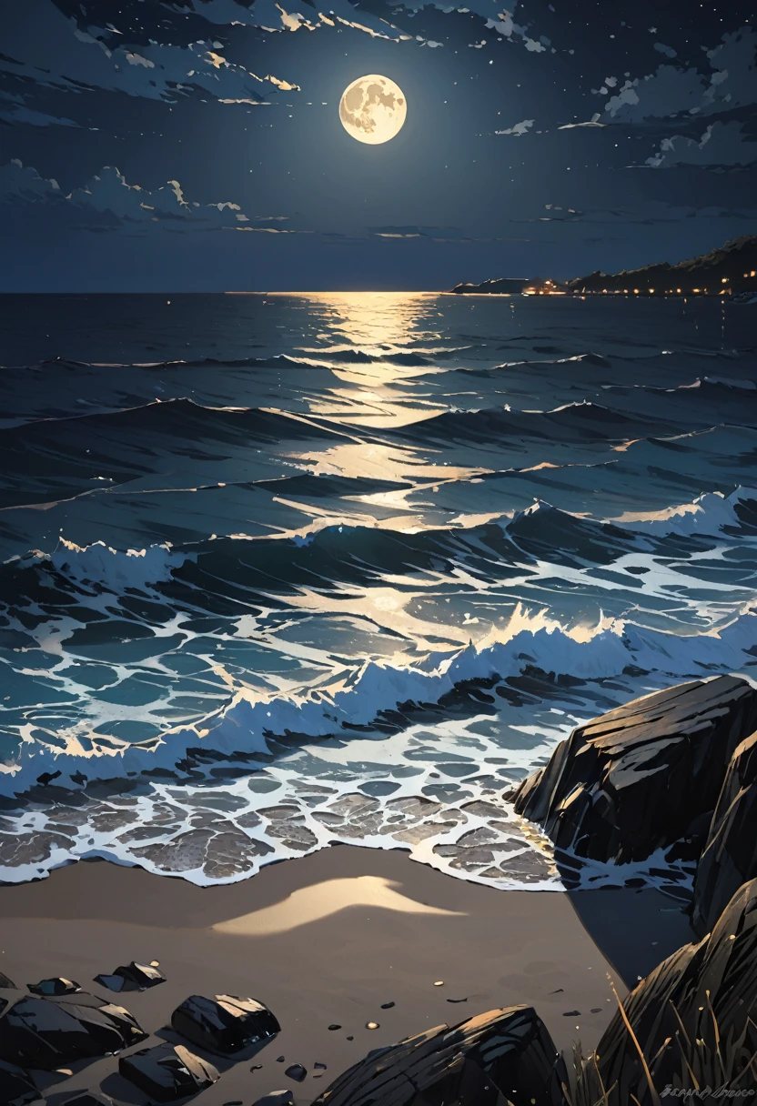 A sea at night under the moonlight 