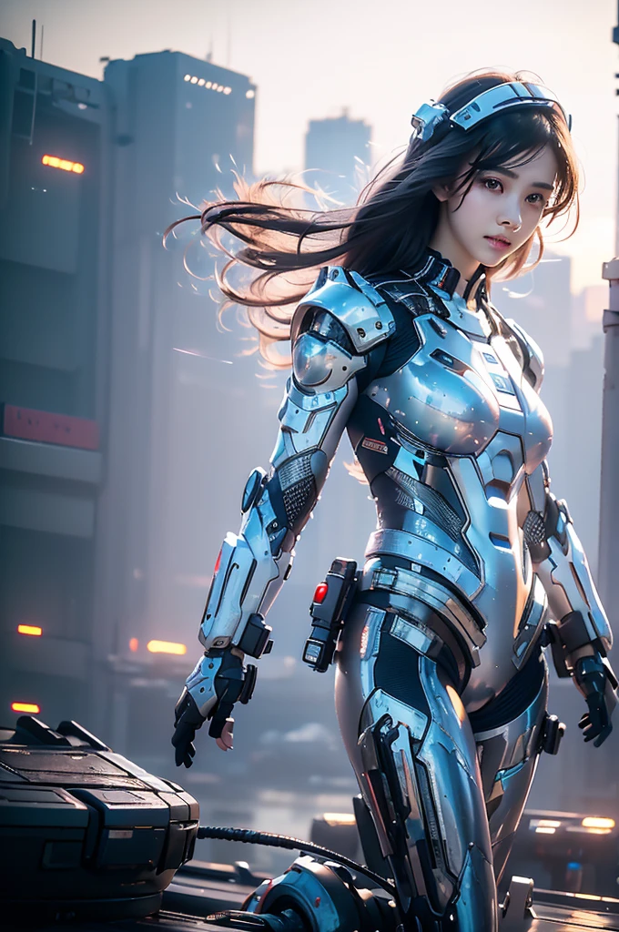 A girl,Wearing a white mech,Floating above the city,Background is the ruins of the city,Cyberpunk style,2k