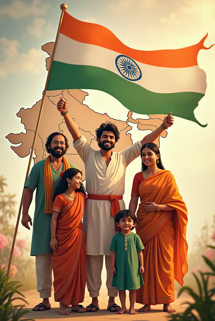 Wishing independence day of India from Rahul Radheeka Ramcharan lucky and whole gajji family in background India map and tri colour flag