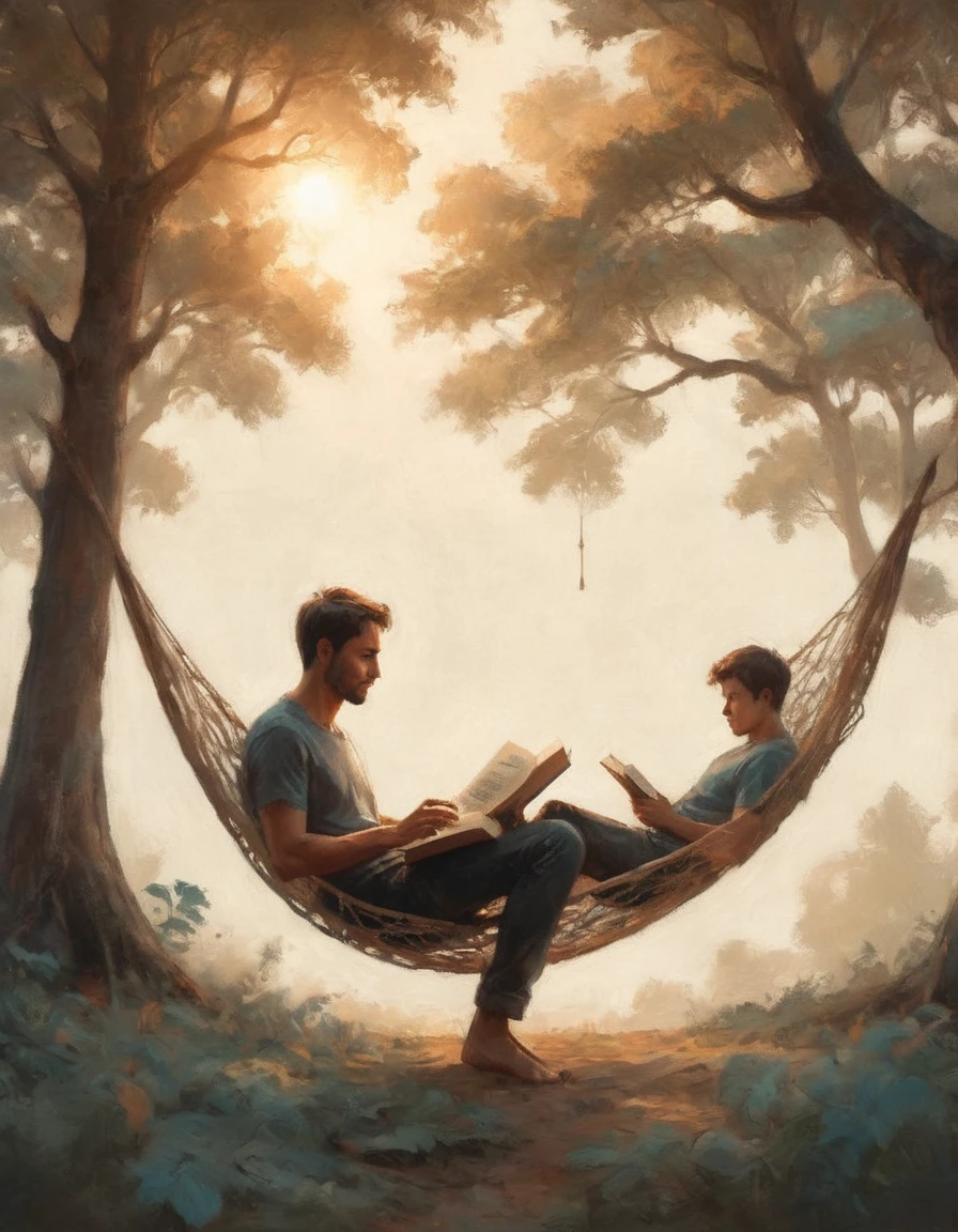 Hyperreal digital art style, "Fairytale", fantasy world coming out of centered book, open book, hyperdetailed double exposure fantasy illustration, masterpiece, cinematic, by Andreas Lie, Luke Gram, photorealism, backlit, gorgeous light, a man resting in a hammock reading a book