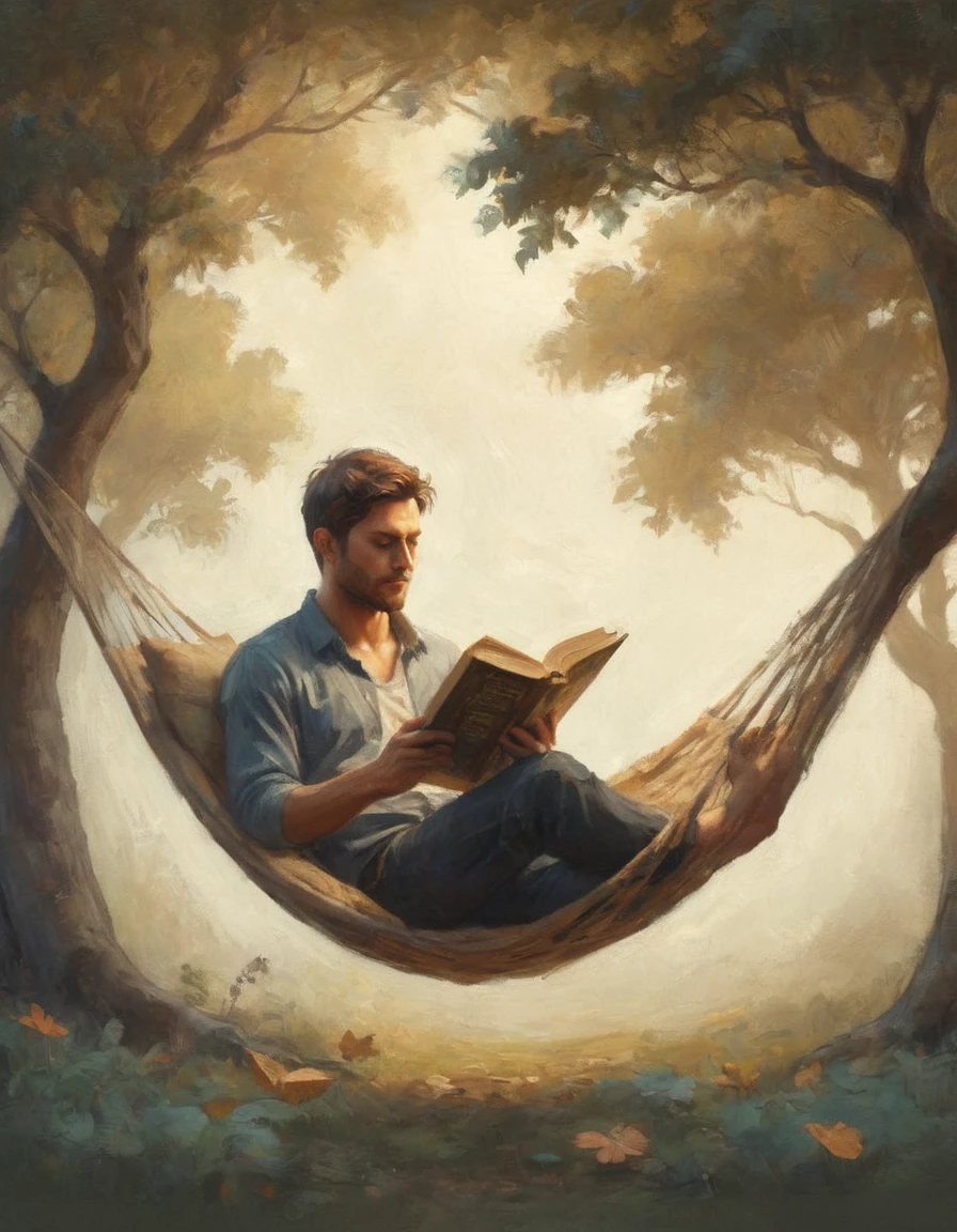 Hyperreal digital art style, "Fairytale", fantasy world coming out of centered book, open book, hyperdetailed double exposure fantasy illustration, masterpiece, cinematic, by Andreas Lie, Luke Gram, photorealism, backlit, gorgeous light, a man resting in a hammock reading a book
