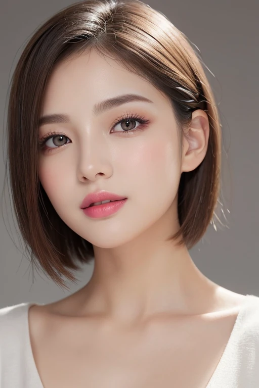High-quality, ultra-realistic portraits。She has a well-balanced face、((The face shape can be either oval or round.))。(Eyes are gentle、Has a natural glow、The nose is well-groomed、Lips are plump and naturally colored)。The skin is transparent、Has a healthy glow。((Short Hair:1.3))。Makeup is natural、Use a light foundation、The bright lip colour adds a fun touch.。The lighting is soft and natural.、Accentuating facial features、Does not emphasize shadows。The background is simple and has a blurred gradient.、Focus on the face。
