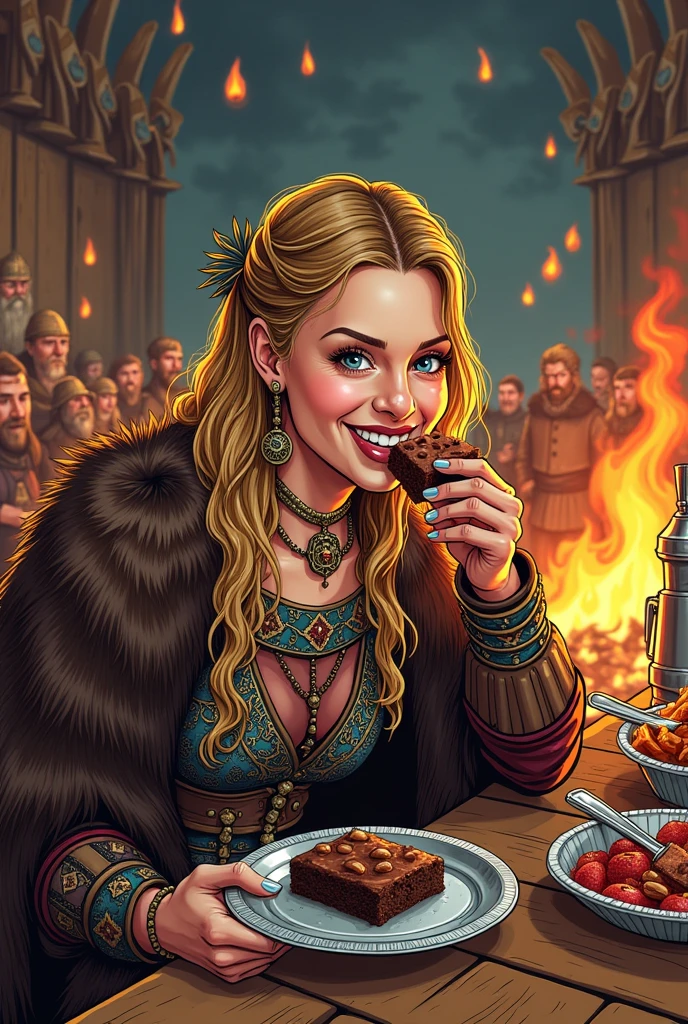 viking woman, happy, at a feast with weapons,eating brownie on small aluminum tray . comic style