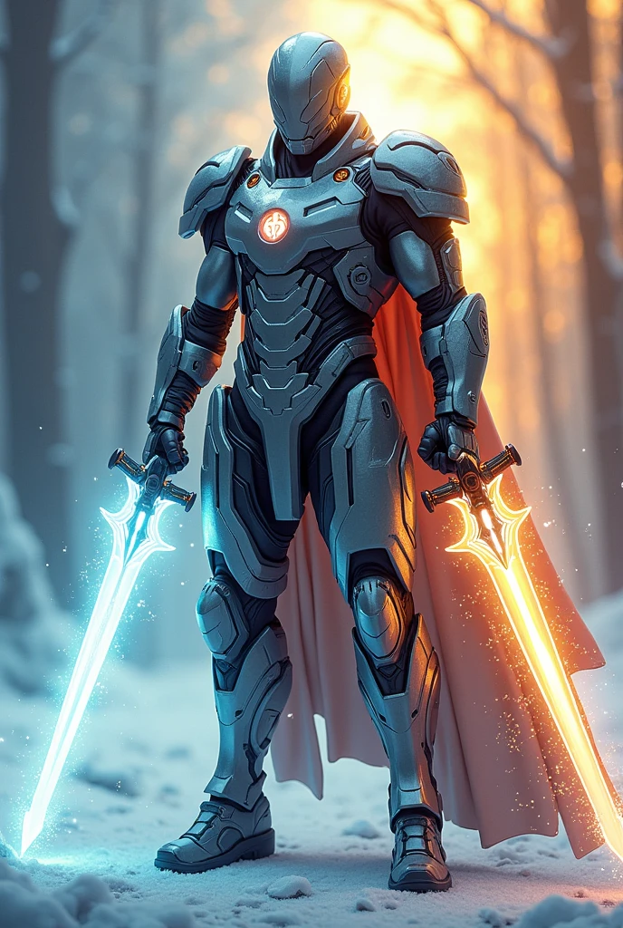 A superhero with an armour suit and a superhero helmet and two sword in his hand winter and and in another summer sword