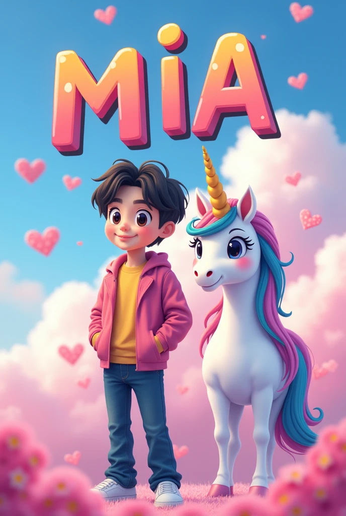 Korean actor Cha Eun Woo in a kawaii anime with the word Mia above the unicorn&#39;s head. The letters MIA must be pink and yellow with black shadow.