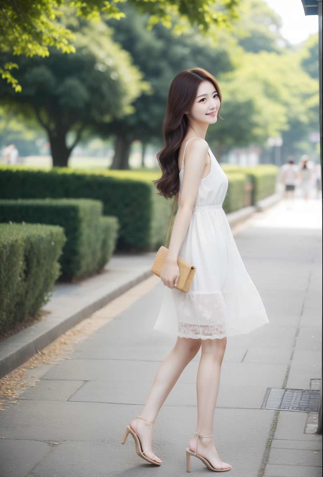 Adult beautiful woman、Single、1 person、Full body shot、Summer afternoon、stroll、Breeze、Hair fluttering、