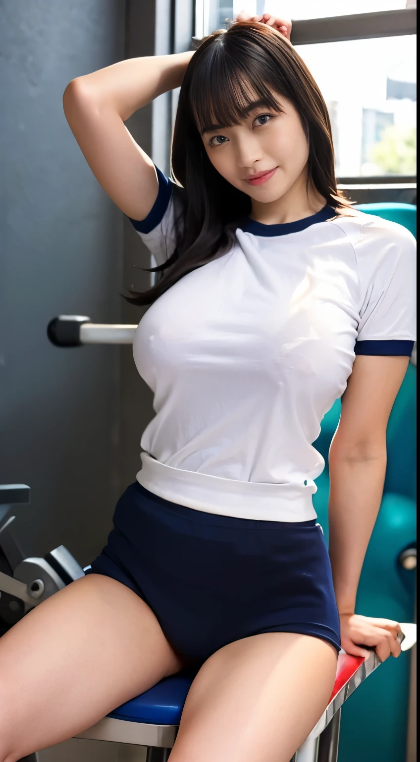 alone、high school girl、White skin、Natural Makeup、Black Hair、bangs、Straight Long Hair、(((White short-sleeved T-shirt on the upper body)))、(((Long white gym clothes)))、(((Very tight bloomers)))、(((Mid rise bloomers)))、(((Navy Bloomers)))、(((Tuck the bottom of your gym clothes into your bloomers)))、((Big Breasts))、Big Ass、(((Schoolyard)))、(((Realistic fingers)))、(((Realistic style)))、((Perfect figure))、(((upright)))