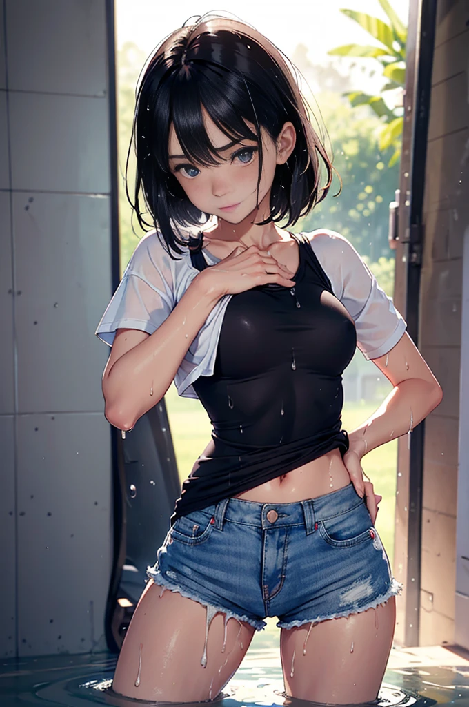 ((masterpiece)), (Professional photography:1.2), (HD:1.3), Portrait Photography, best quality, 8K, From the front, (Simple black T-shirt), Cute age girl, Super cute face, Light brown medium length hair, (flat chest), Pale skin, blush, Smile, Standing on White background, Hands on Hips, (shorts),Cute girl . so cute , Round Face . Solitary , Slim , Medium breasts , Short stature . Glowing skin . Pure white Tube Top T-shirt . shorts . Dynamic poses . Dynamic Angle . No background , White background , Looking at the audience,(((Clothes are wet)))liquid in butt、Fluid on the thighs、Flowing liquid(attractive butt:1.2),、exposed、Disheveled、Comfortable to wear,exposed breasts、(((Clothes are wet))),Tube Top,(((Ultra-thin clothing))),(Body model),((Body Contouring)),(stride),Grin, blush,Overactive Expression,crotch friction,Vulvar bulge,Vulva outline,Chest contour,Open the butt flap with both hands,Round Face,baby face,Sweat, Tears,Severe tremors,Heavy breathing,Awkward,Proudly,barefoot,Very thin limbs,Breast swelling is imminent,butt,Ripped denim mini skirt,arrogant,belly button,I peed a little,とてもI have a strong urge to pee,Wet underwear,Accurate and clean female fingers,Very thin limbs,身材非常Short stature,Very boyish body shape, Sultry body,Awkward,(Very blush, I'I很兴奋, Happy, Smile, open mouth), Her little breasts were almost swollen..,I really want to go to the toilet,Heavy urine output,incontinence,I的身体正在抵抗强烈的排尿.,I have a strong urge to pee,Pass through