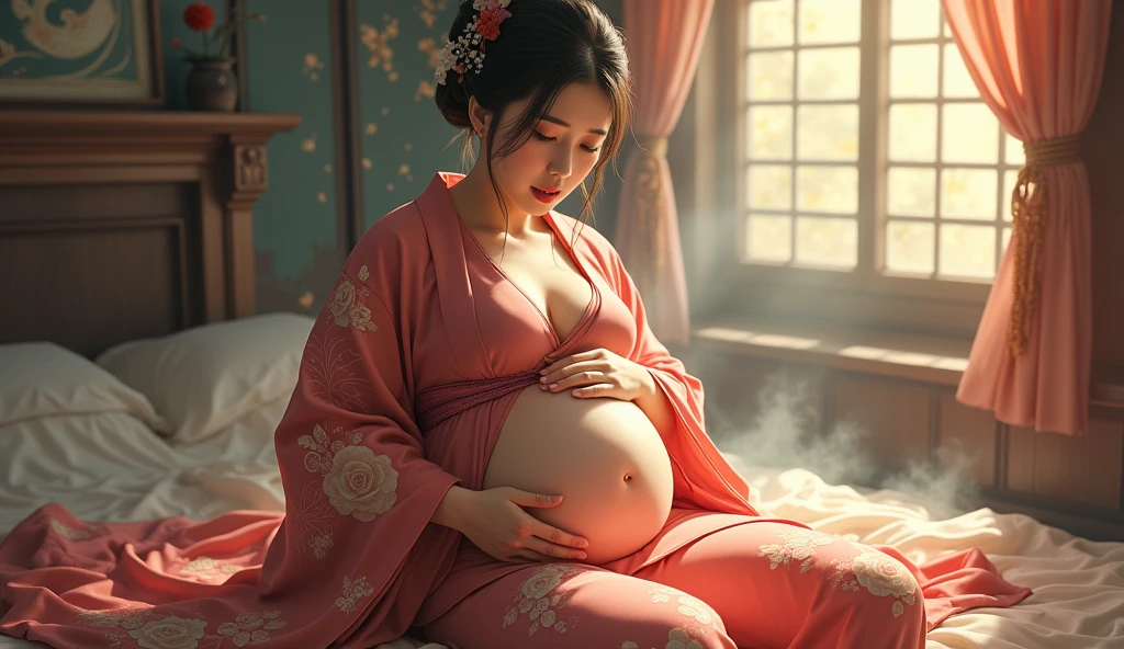 Japanese woman elegantly dressed in kimono under fantasy light、Pregnant woman with a big belly、Hold your stomach tightly with one hand、She is looking at me with a painful expression on her face as she goes into labor.