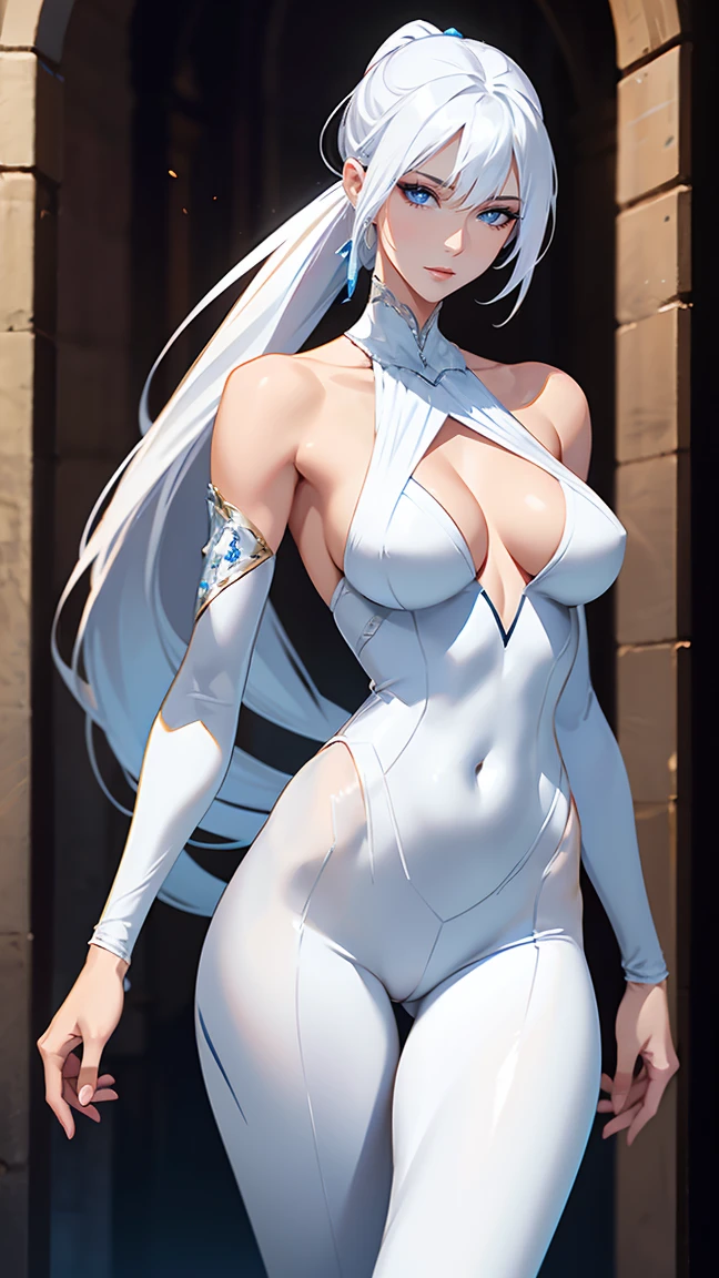 Elegant mature woman, slender slim body, small breasts, white hair, long ponytail, bangs, blue eyes, bare shoulder, long tight leggings, fantasy, medieval, 4k resolution, high quality, (Nude: 0.9)
