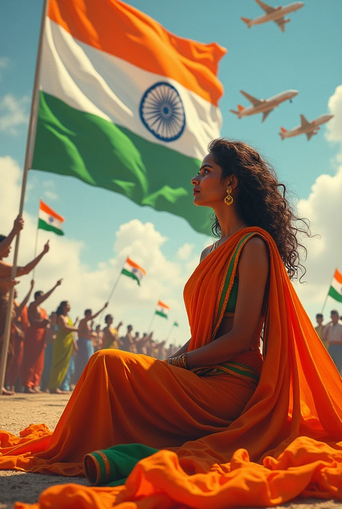 A brunette beautiful India woman were tricolor saari with curly hair and sits with her legs stretched out, taking a realistic photoThe whole world is covered with the tricolor, 5 aircraft are raining saffron color in the sky, Indian people are saluting a big tricolor flag, o