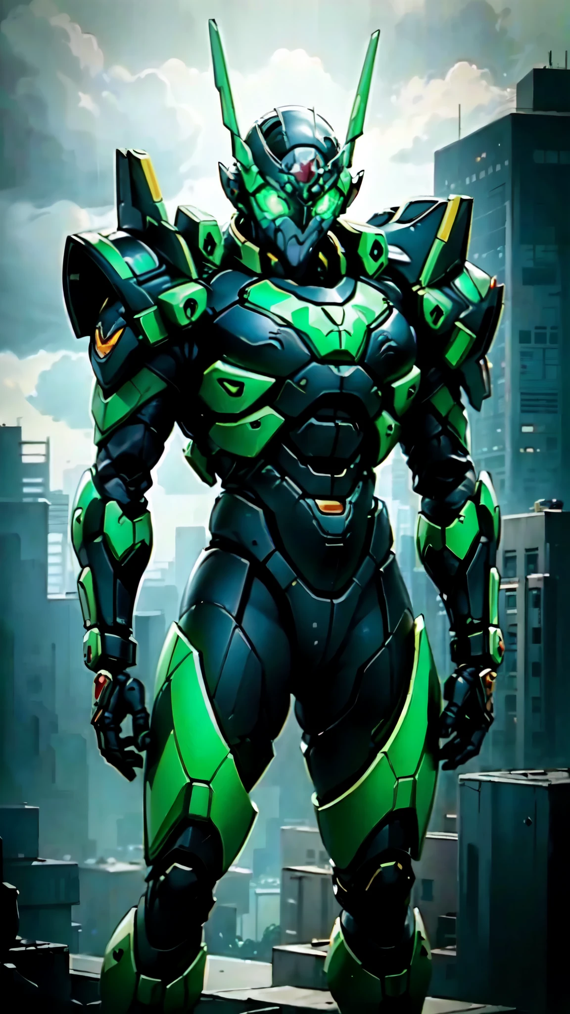 (masterpiece:1.5, best quality:1.5, extremely delicate:1.5), a man wearing a full-face helmet, a fantasy-style biotech armored combat suit, green eyes, (a composite layered chest armor), fully enclosed shoulder guards, matching arm and leg guards, belt of Neon circuit, (the color scheme is primarily black with green and red accents), the design balances heavy with agility, a high-tech bio-mecha armor, (Armor Concept Inspired by Kamen Rider, stand on the top of a skyscraper in a futuristic sci-fi city), this character embodies a finely crafted fantasy-surreal style armored hero in anime style, exquisite and mature manga art style, (element, plasma, energy, the armor glows), ((male:1.5)), metallic, high definition, highres, ultra-detailed, ultra-fine painting, professional, perfect body proportions, golden ratio, anatomically correct, symmetrical face, extremely detailed eyes and face, high quality eyes, creativity, RAW photo, UHD, 32k, Natural light, cinematic lighting, masterpiece-anatomy-perfect