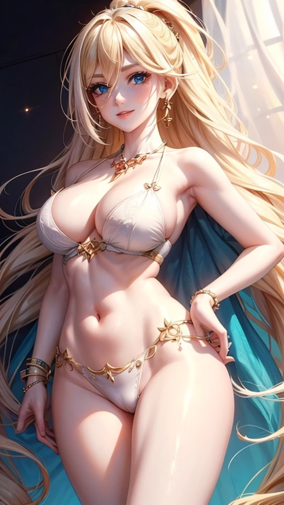 Masterpiece, ultra-high definition, ultra-high quality 8k quality, one woman, beautiful face and body, the greatest beauty in humanity, ((shining Put her hair up blonde hair)), ((clear blue eyes, eyes with highlights, very long eyelashes)), pale eyeshadow, pale pink glossy lips, very large breasts, narrow waist, beautiful legs, Blue Micro bikini dress and thong, earrings, necklaces, bangles, rings, beautiful standing pose, lovely smile, fantasy background