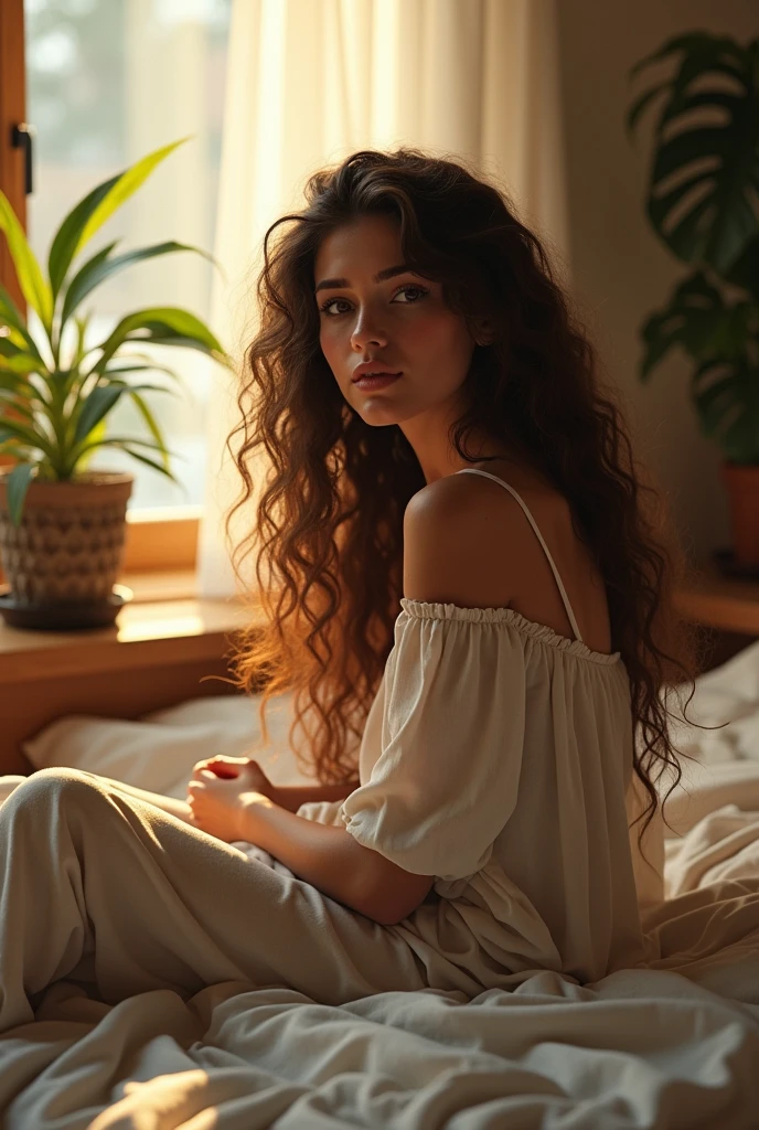 (photorealism:1.2), beautiful woman, sitting on bed, wearing loose off-shoulder top, pajama pants, long curly hair, indoors, soft lighting, plants in background, window with sunlight, cozy room, relaxed pose, realistic, intricate details, warm colors, by Greg Rutkowski, by Alphonse Mucha