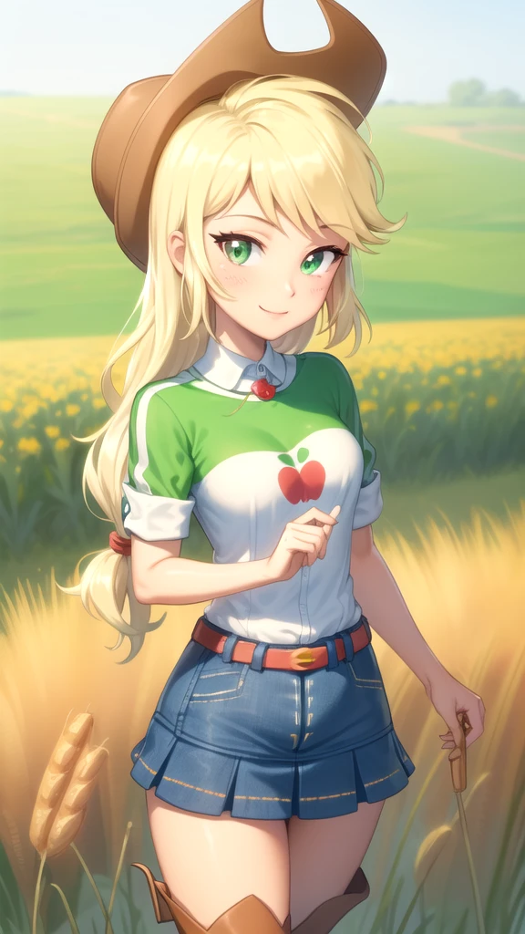 (masterpiece, best quality:1.2),cowboy shot,solo,1girl,mlpapplejack,smile,looking at viewer,low-tied long hair,cowboy hat,shirt,denim skirt,belt,wheat, thigh high boots, field,vector trace,