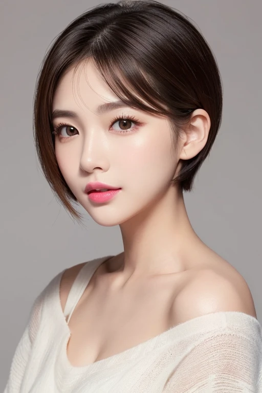 High-quality, ultra-realistic portraits。She has a well-balanced face、((The face shape can be either oval or round.))。(Eyes are gentle、Has a natural glow、The nose is well-groomed、Lips are plump and naturally colored)。The skin is transparent、Has a healthy glow。((Short Hair:1.3))。Makeup is natural、Use a light foundation、The bright lip colour adds a fun touch.。The lighting is soft and natural.、Accentuating facial features、Does not emphasize shadows。The background is simple and has a blurred gradient.、Focus on the face。