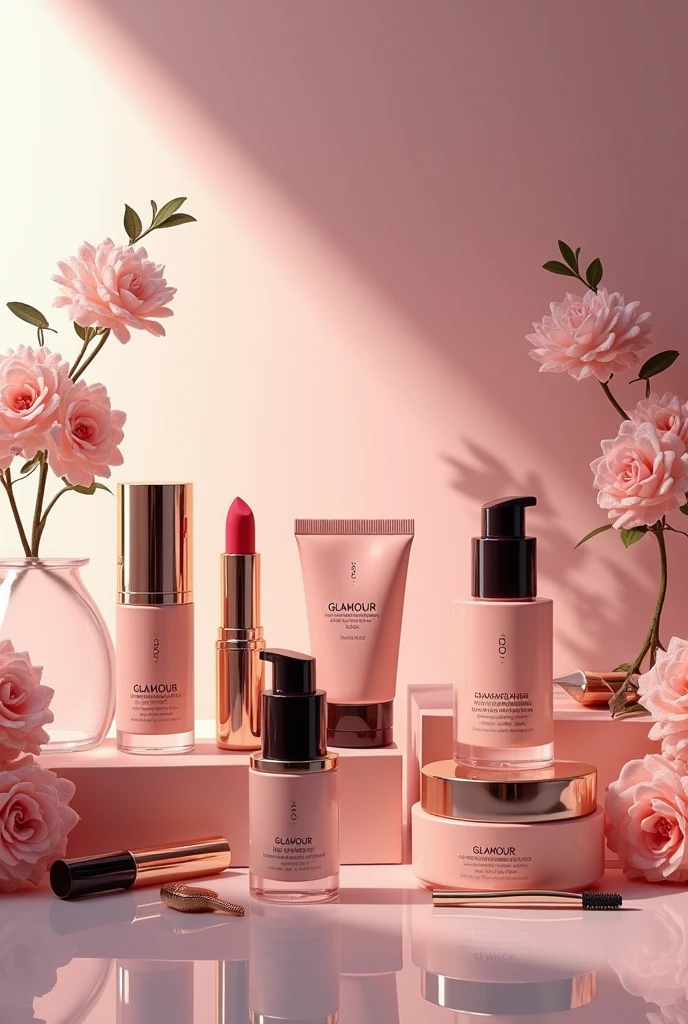 Create a picture of cosmetic products and there should be text "Glamour cosmetic" please add the text of "Glamour cosmetic"
