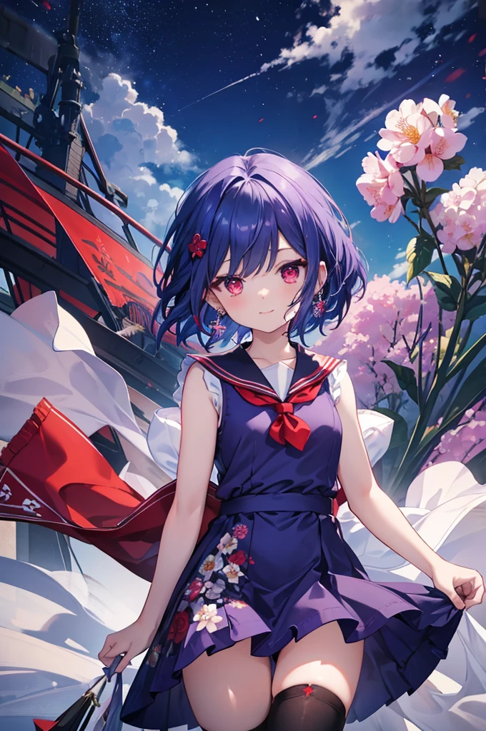 {{masterpiece}}, The best quality of life, 、((short indigo hair、Deep blue hair)Braided Hair) 、 Cute female, 、One woman、(((Crimson Eyes、Red eyes、Red　eyes)))、Expressionless adult woman、((White background))、small but well-shaped breasts,、(((Light purple sleeveless、Floral Sailor Dress、Black knee-high socks)))、smile、smile、Small earrings