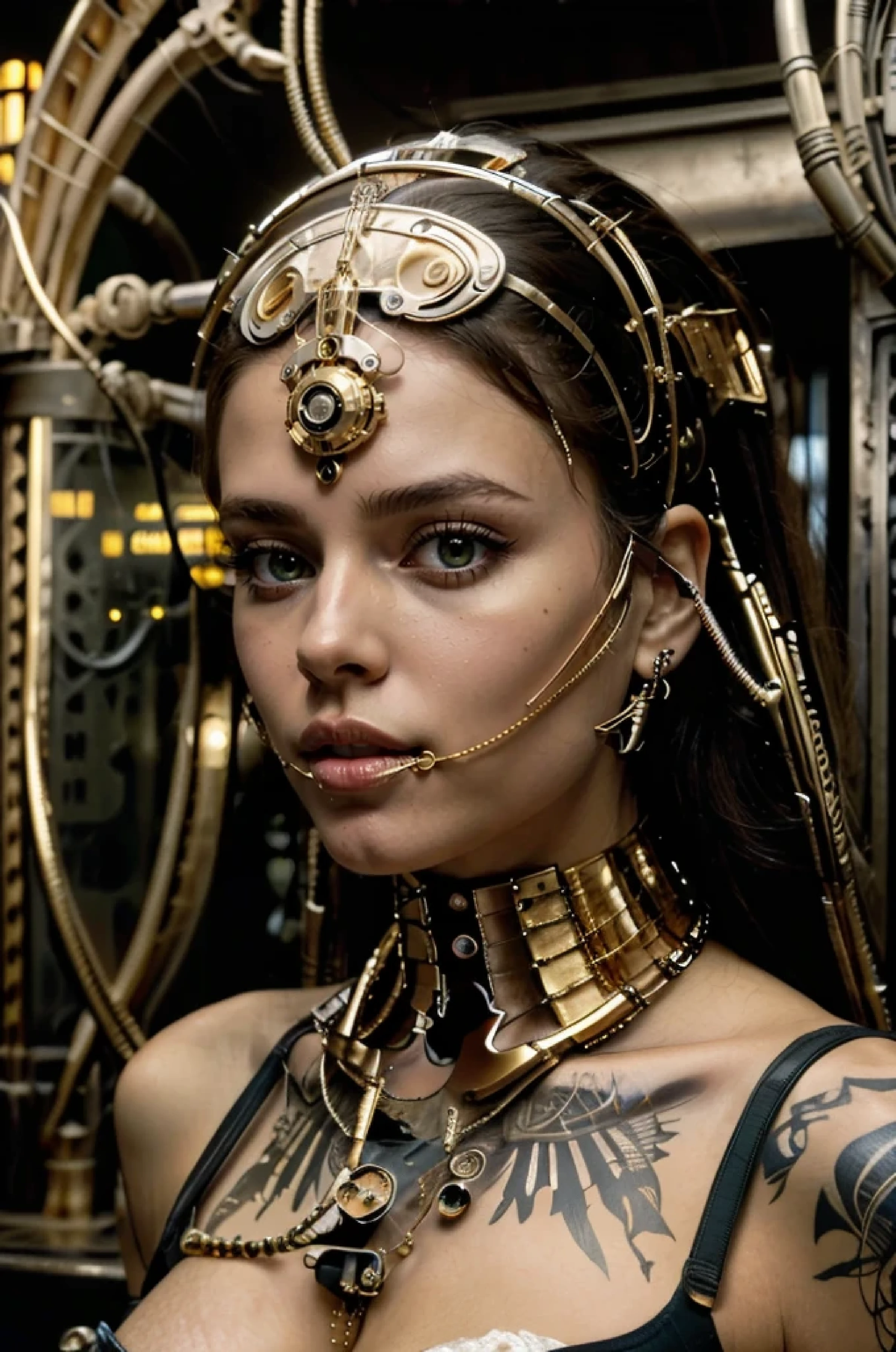 Woman naked in gold body jewelry, Highly Detailed Face and Skin Texture, ((white skin)) big green eyes, slim face, juicy lips, bimbo lips, big puffy breast, mikro breastplates ((afro curly Black hair)), Black hair, pale skin, Detailed Eyes, Double Eyelids, cyberpunk gold metal jewelry BDSM, gold metal cyberpunk tapes on body, metal Collar, metal gold futuristic tiny Panties t-strings, metal panties, metal stickini, metal cupless bra, metal clothes, gold body jewelry, wet skin, she is naked. White skin, she is im Wilde dark jungle with big trees. masterpiece