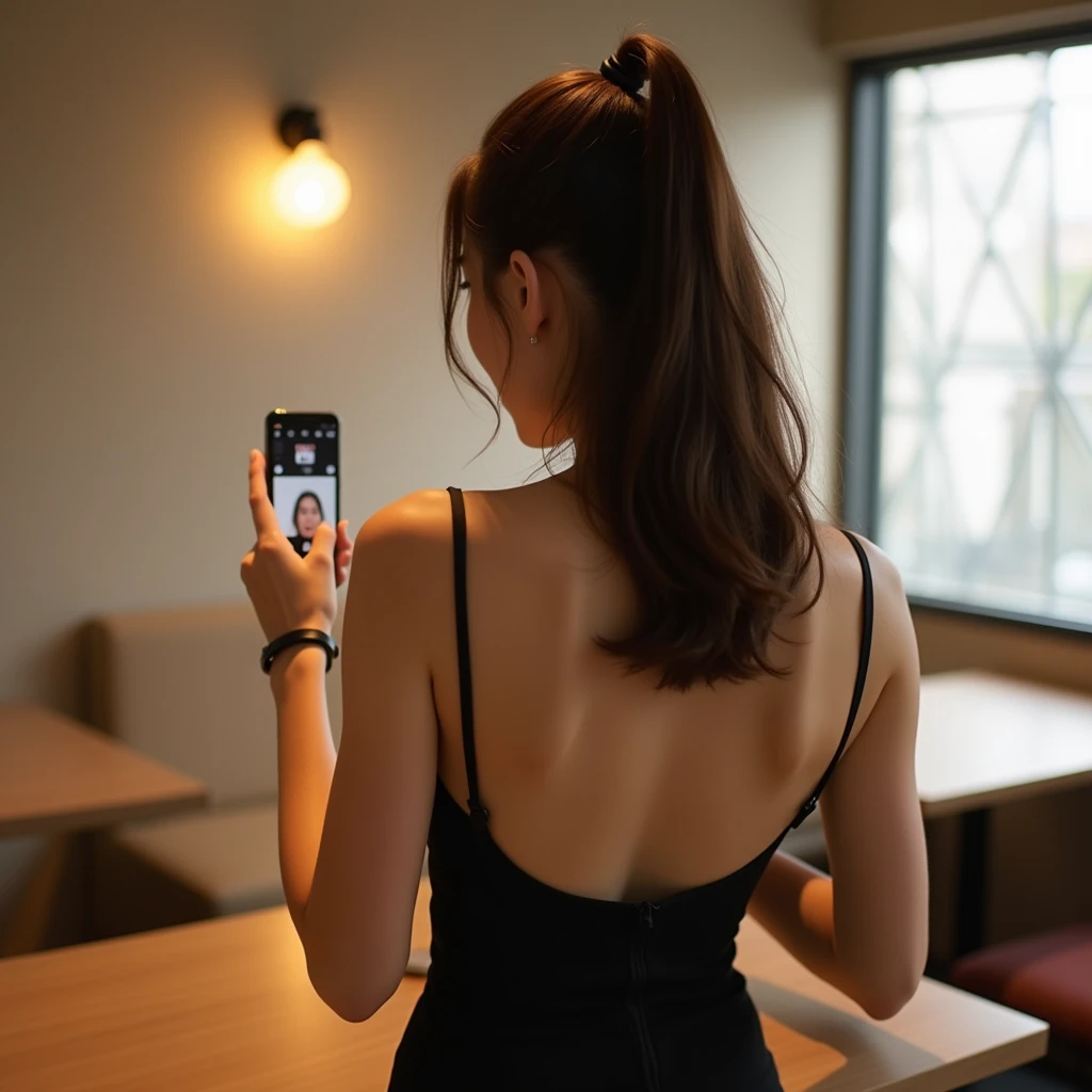 Highest quality、Back view、Lounge、Japanese、18-year-old、(Hostess)、Brown Hair、private、Off-shot、(Living Style:1.3)、(Selfie:1.3)、Selphy、(1 person)、(slender:1.2)、(Black camisole:1.3)
