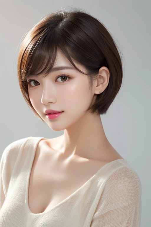 High-quality, ultra-realistic portraits。She has a well-balanced face、((The face shape can be either oval or round.))。(Eyes are gentle、Has a natural glow、The nose is well-groomed、Lips are plump and naturally colored)。The skin is transparent、Has a healthy glow。((Short Hair:1.3))。Makeup is natural、Use a light foundation、The bright lip colour adds a fun touch.。The lighting is soft and natural.、Accentuating facial features、Does not emphasize shadows。The background is simple and has a blurred gradient.、Focus on the face。