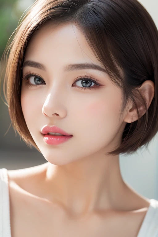 High-quality, ultra-realistic portraits。She has a well-balanced face、((The face shape can be either oval or round.))。(Eyes are gentle、Has a natural glow、The nose is well-groomed、Lips are plump and naturally colored)。The skin is transparent、Has a healthy glow。((Short Hair:1.3))。Makeup is natural、Use a light foundation、The bright lip colour adds a fun touch.。The lighting is soft and natural.、Accentuating facial features、Does not emphasize shadows。The background is simple and has a blurred gradient.、Focus on the face。
