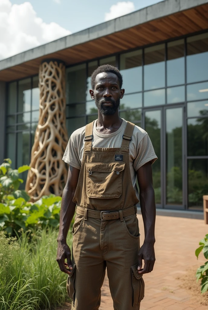 Un noir agriculteur devant un bureau de racines center for global development.