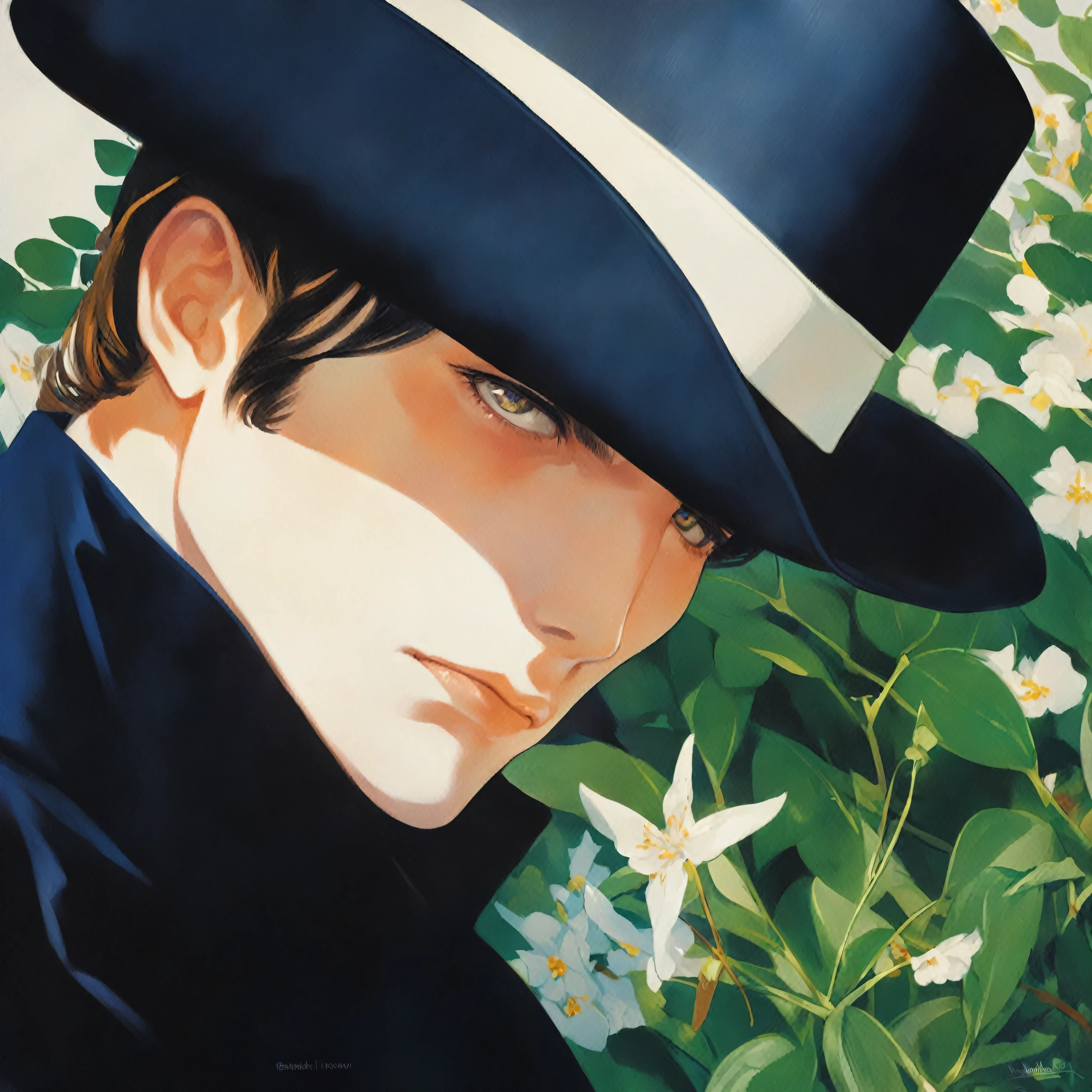 painting of a man in a hat and a black coat, by Yamagata Hiro, kentaro miura art, edward, makoto kobayashi, anime portrait of a handsome man, naoya tanaka, inspired by Sakai Hōitsu, masami kurumada, anime handsome man, by Tanaka Isson, michael, by Yoshihiko Wada