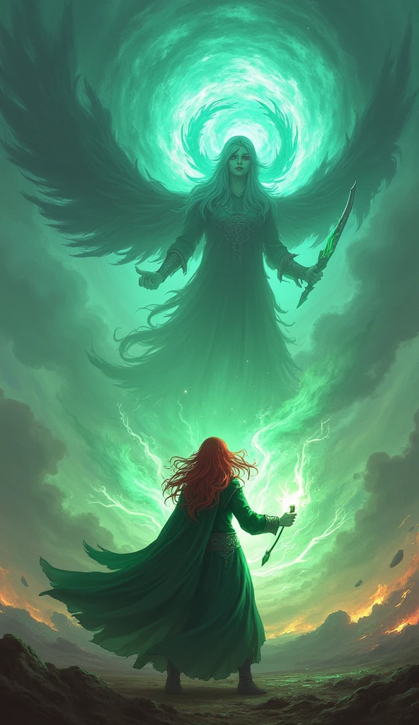 In the frozen wasteland of an ancient battlefield, Seraphina, with her long red hair cascading down her back, stands gracefully yet resolutely. Her green headcloth and piercing emerald eyes stand out against the icy backdrop. She is draped in a delicate green robe, the embroidered magical circles on her sleeves glowing faintly as she raises her staff. With a calm yet determined expression, she summons Shiva, the Ice Fairy. Shiva materializes, her ethereal form radiating a cold blue light as she hovers above the ground. The devil, a menacing creature with wings of shadow and fire, charges towards them, but Seraphina and Shiva act in unison. With a wave of her staff, Seraphina empowers Shiva, who unleashes "Diamond Dust," a devastating blizzard of ice and frost that engulfs the devil, freezing it solid before it shatters into a million icy shards.