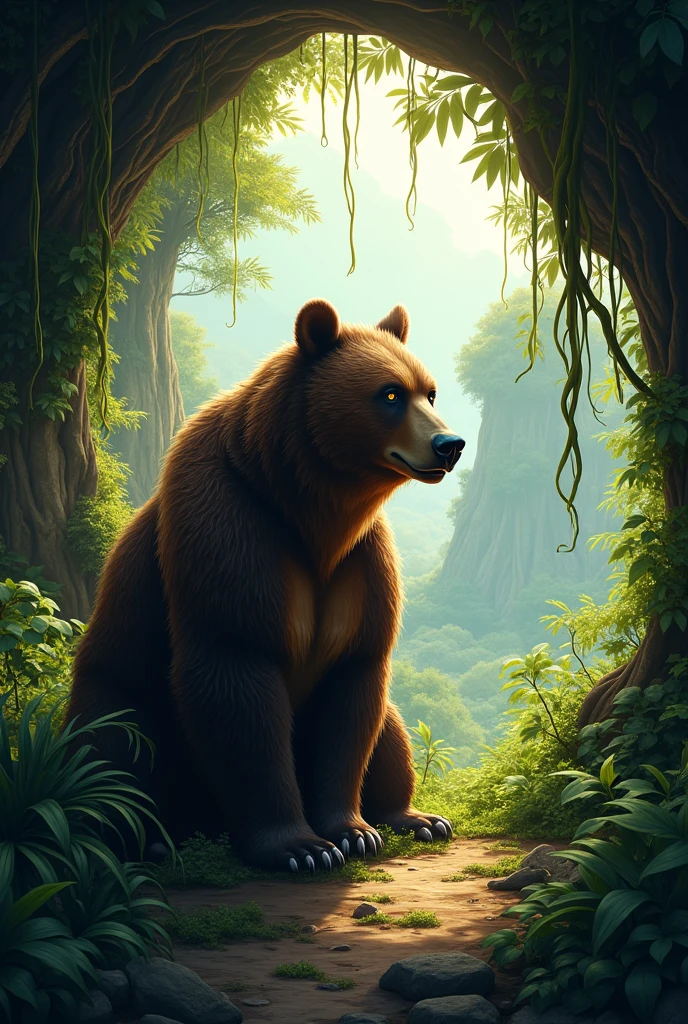 A bear living in cave located in jungle and long distence a big tree stnad 