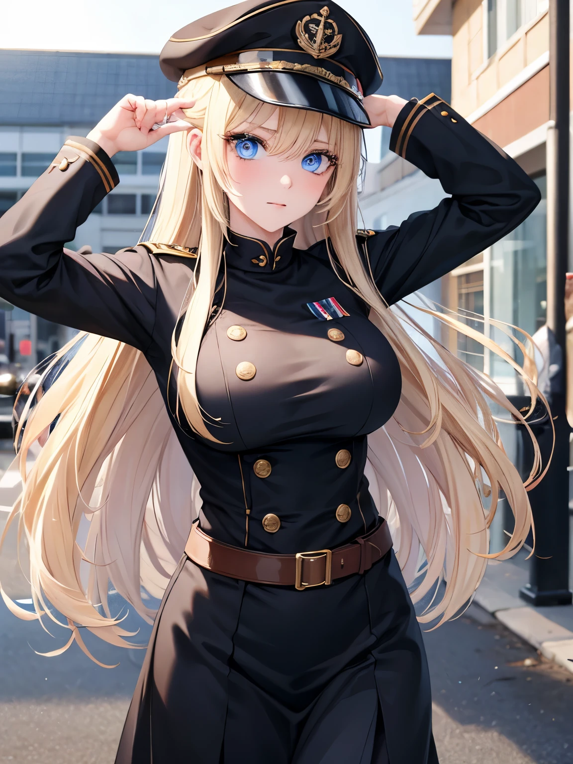 1woman,walking,blue eyes,Beautiful makeup, long eyelashes,early in the morning,stunning,half body photo, very detailed face,cute,,HD face, perfect face,Black army uniform, black army hat,,very big breasts,Blonde hair,blonde hair,blonde,bangs,long hair, straight hair,ultra detail,ultra Hd, masterpiece,4k