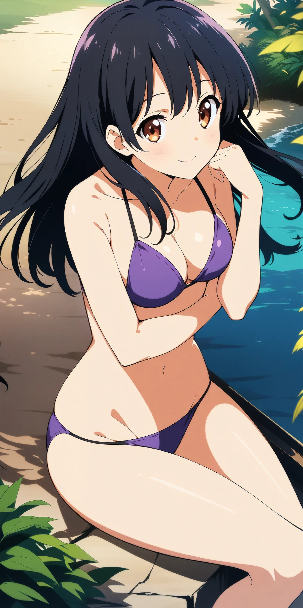 (1 girl), , black hair, short hair, long hair, cute face, brown eyes, ((curvy)), (medium breasts), ((Straw hat)), ((purple bikini)), ((smile)), ((Close your mouth)), (looking at viewer), (beautiful beachside), ((32k)), ((best quality)), ((ultra high res)), ((HDR)), ((UHD)), ((extremely detailed CG)), ((unity 32k wallpaper)), ((perfect anatomy)), (((illustration))), ((((anime colored)))),