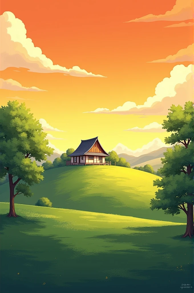 Create a anime theme background image with a small village type house up on the hill and few trees on both side with orange and yellow sky colour