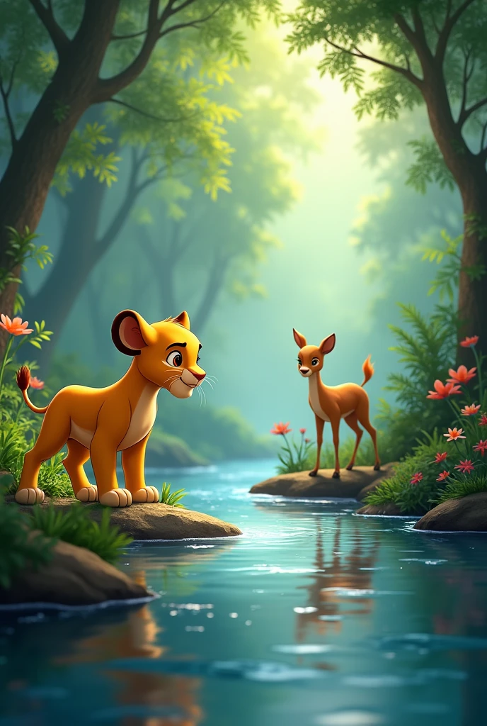 A beautiful and vibrant jungle scene with a cute young lion named Simba standing near a flowing river. Simba's big, curious eyes are focused on a cute deer on the opposite side of the river. The deer, delicate and graceful, is drinking water, unaware of Simba's presence. The setting is peaceful, with lush green trees, colorful flowers, and the soft glow of sunlight filtering through the leaves, creating a serene atmosphere.