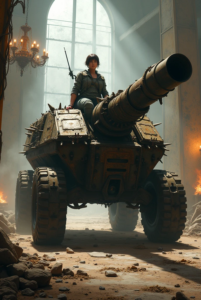 A post-apocalyptic scene set inside a grand but dilapidated hall with high ceilings, crumbling walls, and a large, broken chandelier hanging from the ceiling. In the center of the scene, a fierce woman with short, dark hair and wearing rugged combat attire is riding a colossal armored vehicle. The vehicle is the size of a small tank, with four massive, rugged wheels that have deep treads for rough terrain. The vehicle's body is heavily fortified with metal plates, covered in rust and grime, giving it a menacing appearance. It is equipped with a gigantic, mounted gatling gun that is actively firing, with bright muzzle flashes and spent bullet casings flying through the air. The gatling gun is connected to numerous ammunition belts that are draped over the vehicle and spilling onto the ground. The vehicle's exterior is adorned with spikes, barbed wire, and various makeshift armor pieces, adding to its aggressive look. The floor is littered with debris, bullet casings, and remnants of a chaotic battle. The lighting is dramatic, with rays of light streaming through the broken windows, illuminating the dust-filled air and casting long shadows, creating a gritty and tense atmosphere