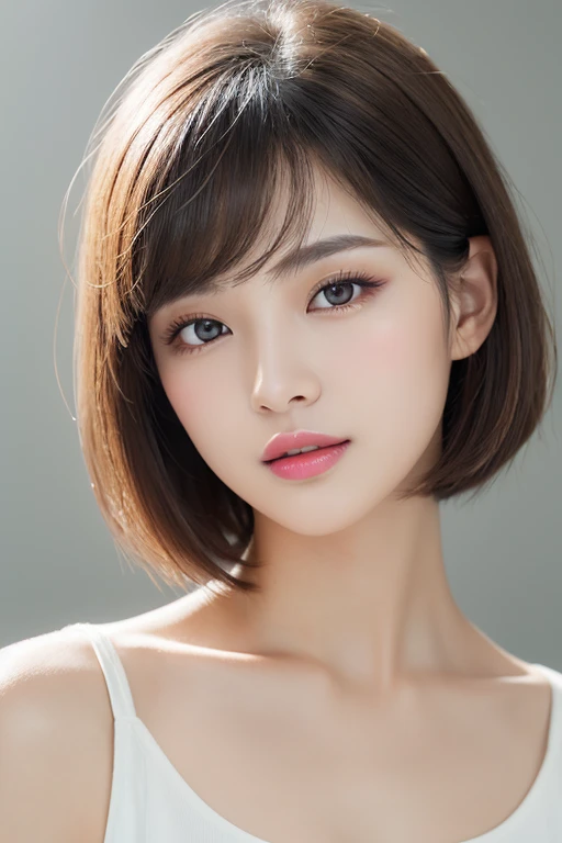 High-quality, ultra-realistic portraits。She has a well-balanced face、((The face shape can be either oval or round.))。(Eyes are gentle、Has a natural glow、The nose is well-groomed、Lips are plump and naturally colored)。The skin is transparent、Has a healthy glow。((Short Hair:1.3))。Makeup is natural、Use a light foundation、The bright lip colour adds a fun touch.。The lighting is soft and natural.、Accentuating facial features、Does not emphasize shadows。The background is simple and has a blurred gradient.、Focus on the face。