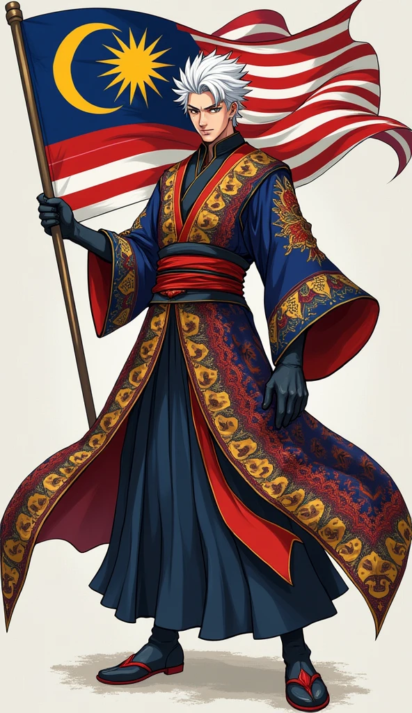 gojo satoru with baju tradisional melayu while holding Malaysia flag and full body like jujutsu kaisen art style