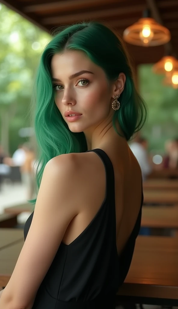 Best image quality, high lighting of a photograph taken of a green-haired woman in an outdoor bar, smiling discreetly and softly wearing an elegant black dress and brown-toned makeup