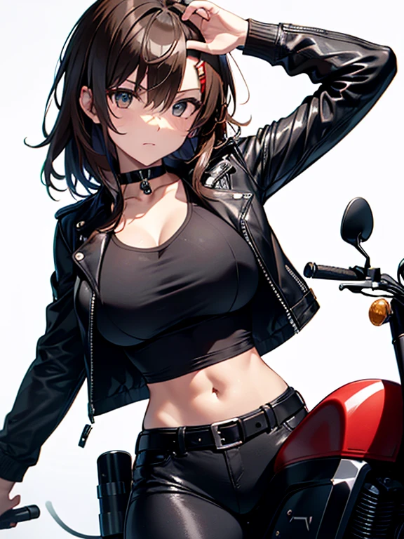 rider, Black Leather Jacket, Big Tits:1.5, Big Tits:1.5, Big Tits:1.5, Misaka Mikoto, 1girl, black choker, uhd, retina, masterpiece, ccurate, anatomically correct, textured skin, super detail, high details, high quality, best quality, highres, 4K
