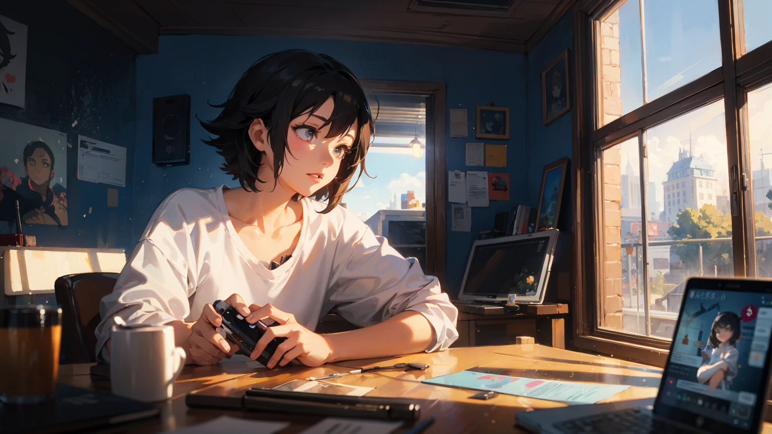 a cell phone sitting on a table next to a window, makoto shinkai cyril rolando, a painting of an iphone, inspired by Cyril Rolando, wallpaper anime , vaporwave wallpaper environment, in style of cyril rolando, setting is bliss wallpaper, cyril rolando and goro fujita, 4 k hd illustrative wallpaper, amazing wallpaper